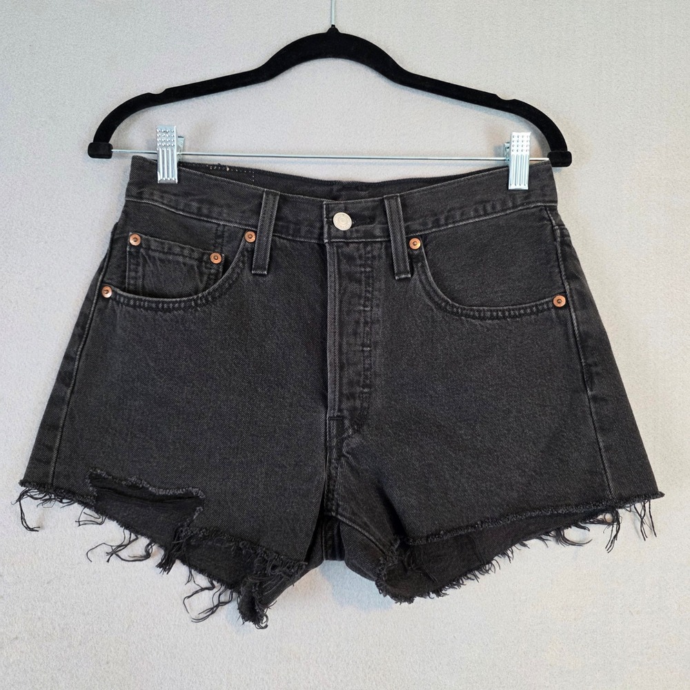 Levis 501 Denim Shorts Original High Rise Cut Off Jean Button Fly Black Wash 26